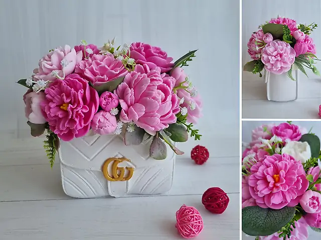 Peonies in a white purse