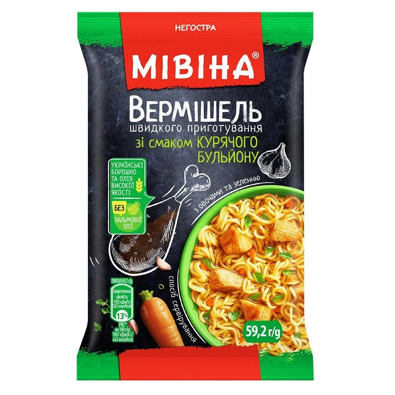 Вермішель швидкого приготування зі смаком курячого бульйону з овочами та зеленню Мівіна,59.2 г