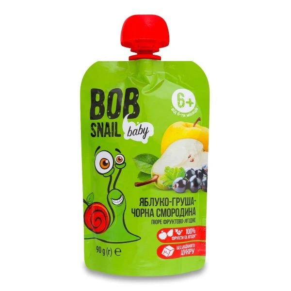 Пюре для дітей від 6міс Яблуко-груша-чорна смородина Baby Bob Snail д/п 90г