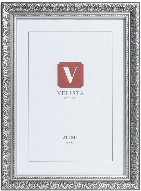 Рамка 30Е-1028v 21*30 срібло, пластик, ДВП, скло/оргскло, Velista, шт