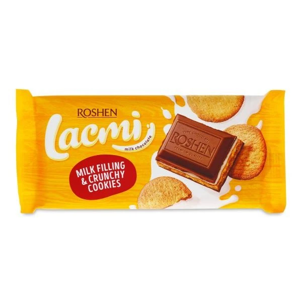 Шоколад молочний з молочною начинкою та печивом Lacmi Roshen, 100 г