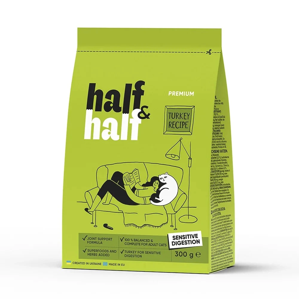Корм сух.повнораціонний д/доросл.котів Turkey recipe Sensitive digestion Premium Half&amp;Half м/у 300г