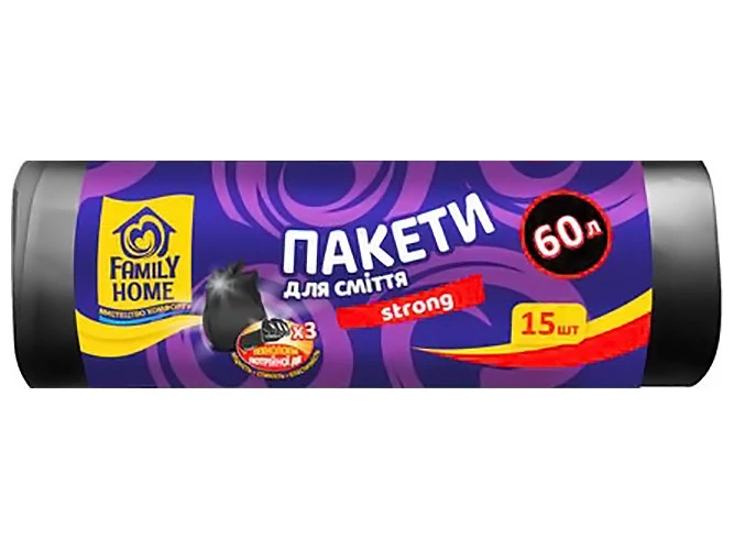 Пакети для сміття 60*80 см чорні 60 л Family home, 15 шт
