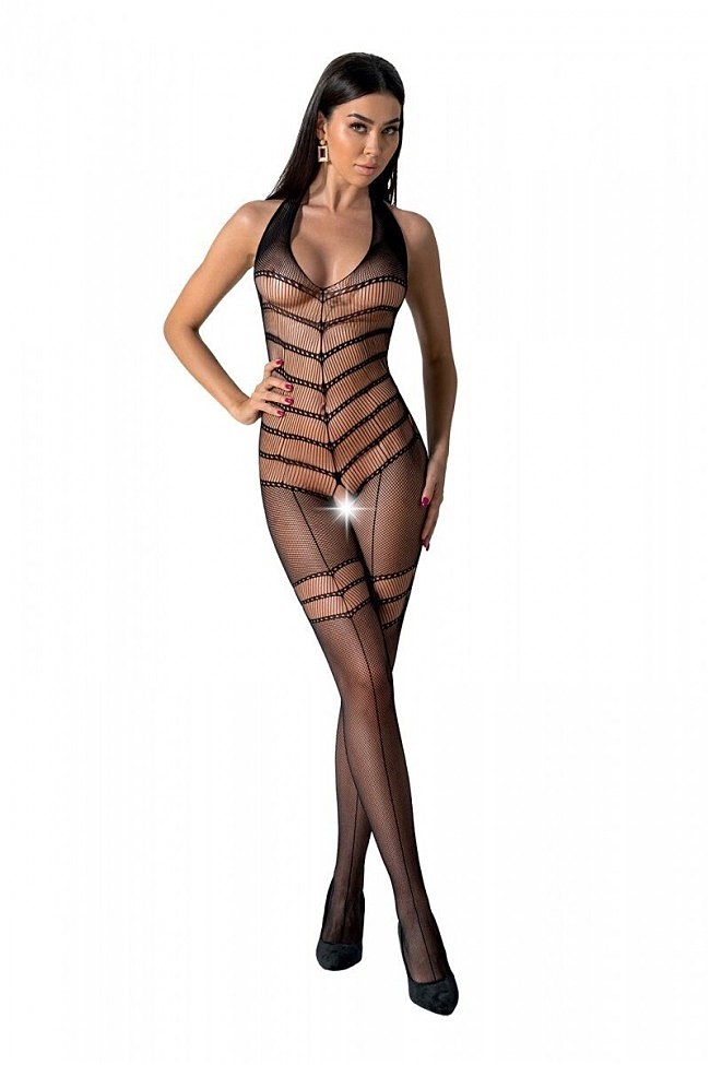 Бодістокінг з плетінням на животі Passion BS100 One Size, чорний, декоративний шов, з доступом