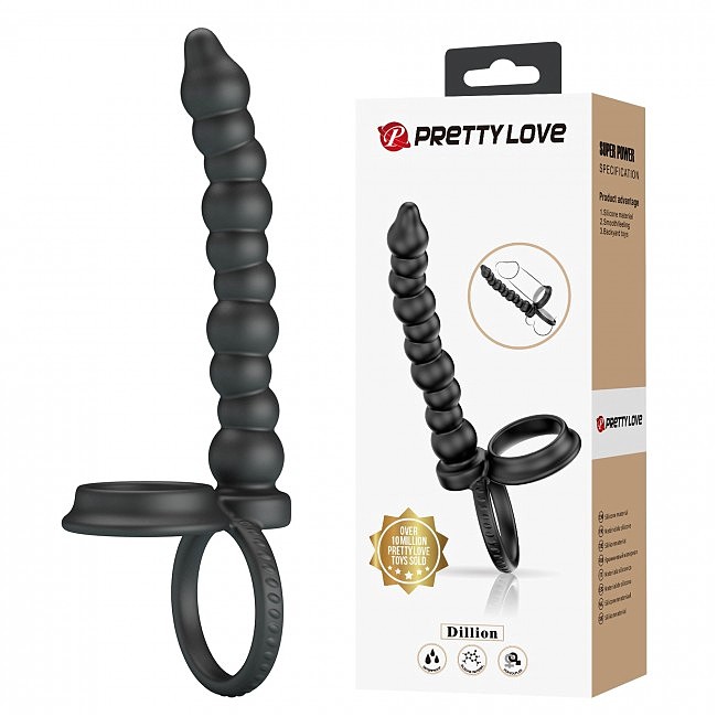 Насадка для подвійного проникнення PRETTY LOVE DIILON black з ерекційним кільцем, 19 х 2 см