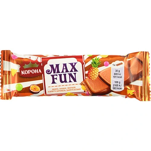 Шоколад молочний Манго-ананас-маракуйя-іскриста карамель-шипучі кульки Max Fun Корона м/у 38г