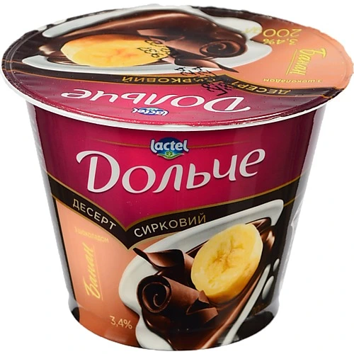 Десерт сирковий 3.4% з наповнювачами Банан-шоколад Дольче ст 200г