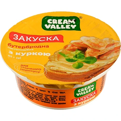Закуска бутербродна Cream Valley З куркою пастоподібна, пластиковий стакан (запаяний фольгою), 85 г