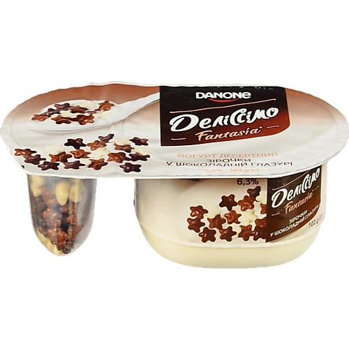 Йогурт Деліссімо Fantasia зі злаковими зірочками у шоколадній глазурі 102г 6.3%