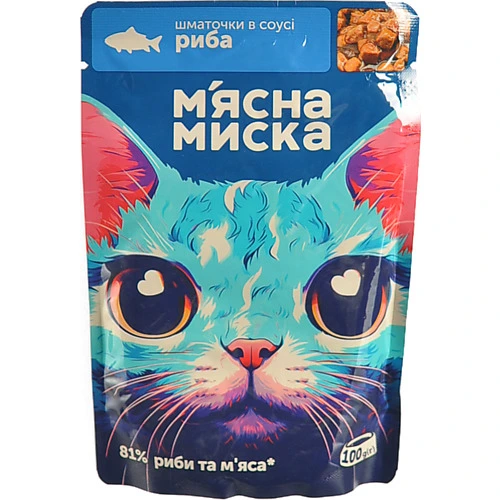 Корм консервований повнораційний для дорослих котів шматочки в соусі Риба М'ясна Миска д/п 100г