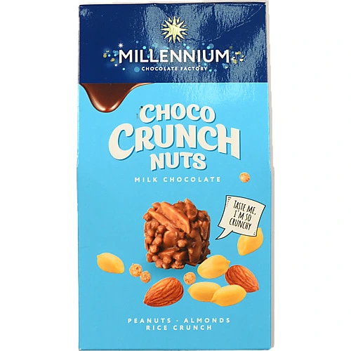 Цукерки шоколадні молочні з арахісом мигдалем та рисовими кульками Choco Crunch Millennium к/у 100г