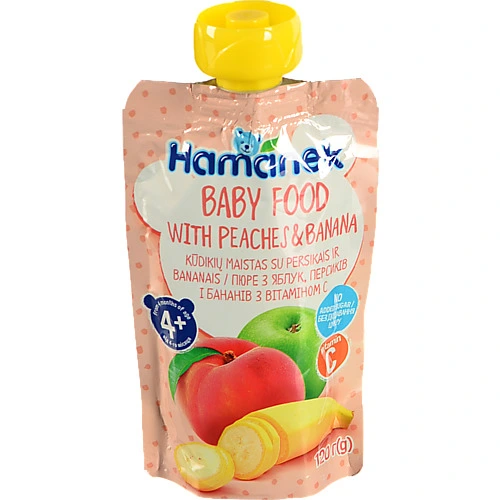 Пюре для дітей від 4міс з яблук персиків та бананів з вітаміном С Hamanek д/п 120г