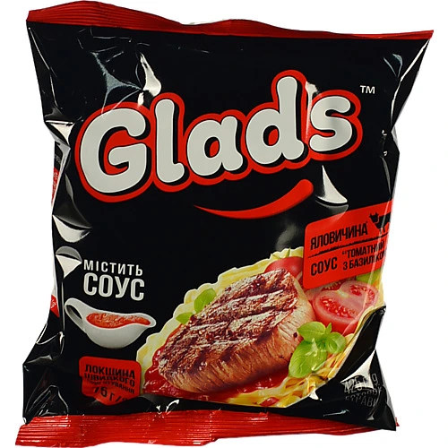 Локшина швидкого приготування Яловичина + Соус Томатний з базиліком Glads м/у 75г