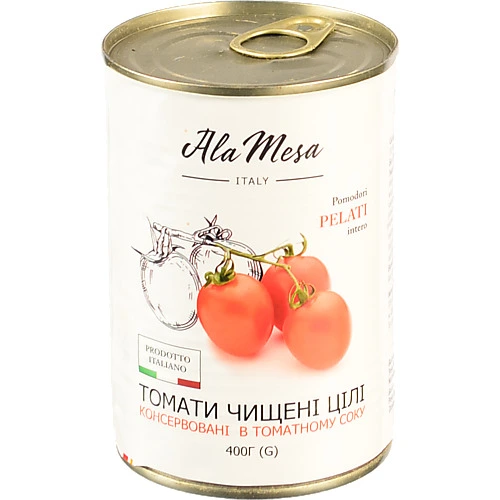 Томати Ala Mesa 400г в томатному соку цілі очищені з.б