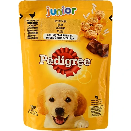 Корм консервований повнораціонний для цуценят З куркою в желе Junior Pedigree д/п 100г