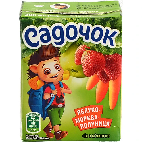 Сік з м'якоттю пастеризований Яблуко-морква-полуниця Садочок т/п 200мл