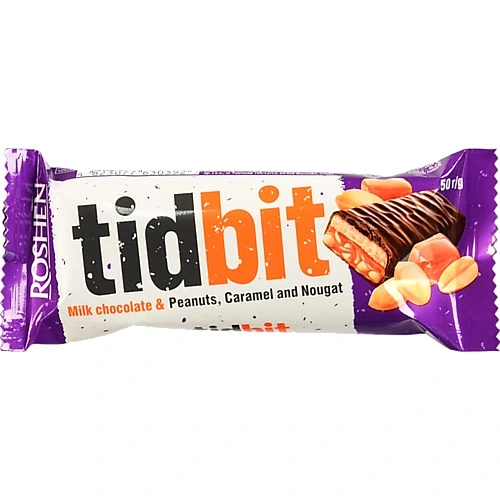 Шоколадний батончик Roshen TidBit з нугою, карамеллю та арахісом, 50 г