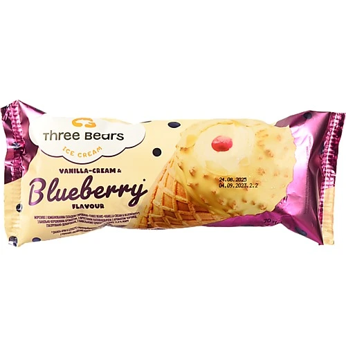 Морозиво [Три ведмедіk 70г Ваніль-Вершки & Чорниця глазур ваф.рожок