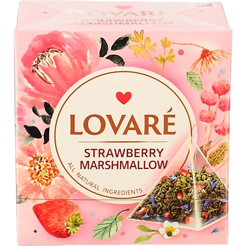 Чай зелений листовий байховий з ягодами пелюстками квітів та ароматом суниці Strawberry marshmallow Lovare к/у 15х2г