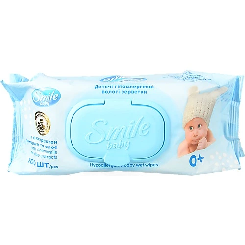 Серветки вологі для дітей від народження з екстрактом ромашки та алое Smile Baby 100шт