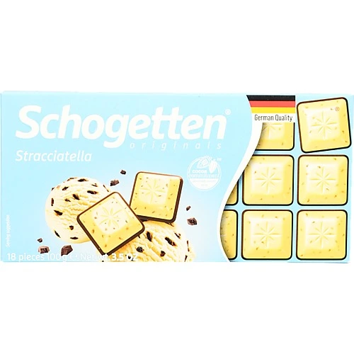 Шоколад білий зі шматочками подрібнених какао-бобів на чорному шоколаді Stracciatella Schogetten к/у 100г