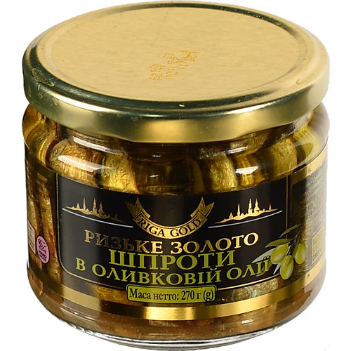 Шпроти в оливковій олії Рижское золото с/б 270г