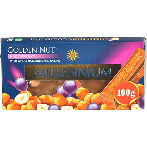 Шоколад молочний з цілими лісовими горіхами та родзинками Golden nut Millennium к/у 100г