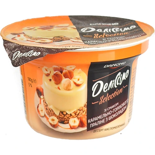 Десерт 5% кисломолочний зі смаком карамельно-горіхового праліне з шоколадом Selection Деліссімо ст 180г