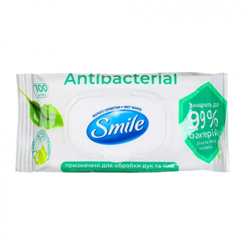 Серветки вологі Смайл 100 шт. Antibacterial з подорожником з клапаном