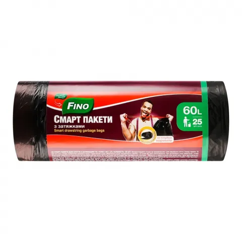 Пакет д/сміття МЖ/FINO 60 л 25 шт. із затяжкою зелені 0848/9870