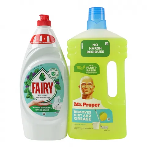 Засіб д/посуду Fairy 900 мл Чайне дерево та м`ята+Засіб Mr.Proper 1 л Лимон