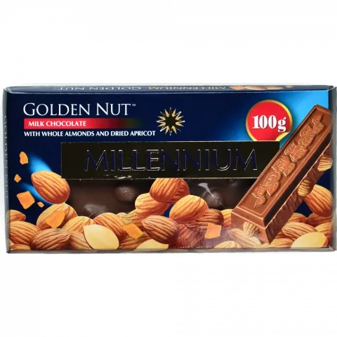 Шок Міленіум 100 г мол. Gold з цілим мигдалем та курагою Акція