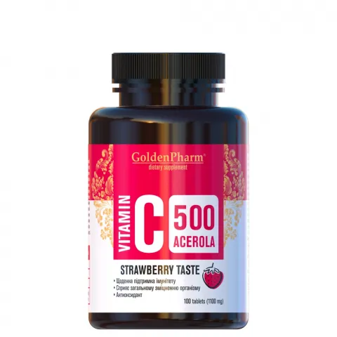 Добавка дієтична Golden Pharm Вітамін С ацерола зі смаком полуниці 100 табл.