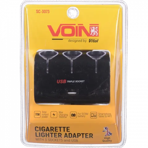 Подовжувач прикурювача Voin 3 вихід 1USB 1000mA 12/24V SC-3073