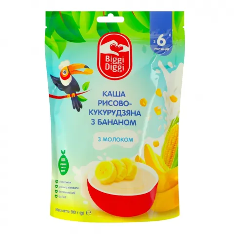Каша BiggiDiggi 200 г молочна рисово-кукурудзяна з бананом 6+ міс.