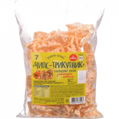 Злакові хлібці 7` Чипс-трикутник 50 г кукур.-рис. з томатами і оливками`