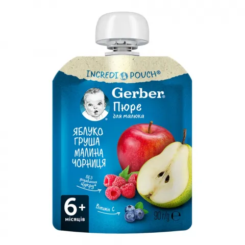 Пюре Gerber 90 г д/пак. яблуко, груша, малина, чорниця
