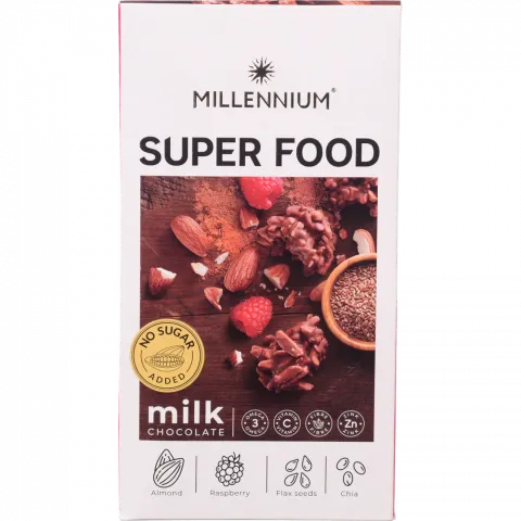 Цукерки Millennium 80 г Super Food молочні з мигдалем, малиною, льоном та чіа