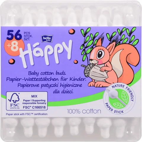 Ватні пал. Bella Baby Happy 56+8 шт. дит. з обмежувачем папер. стік