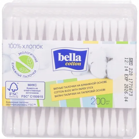 Ватні пал. Bella 200 шт. кор. на паперовій основі