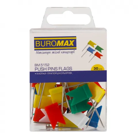 Кнопки-цвяшки BuroMax 30 шт. кольор. прапорці пласт. контейнер BM.5152