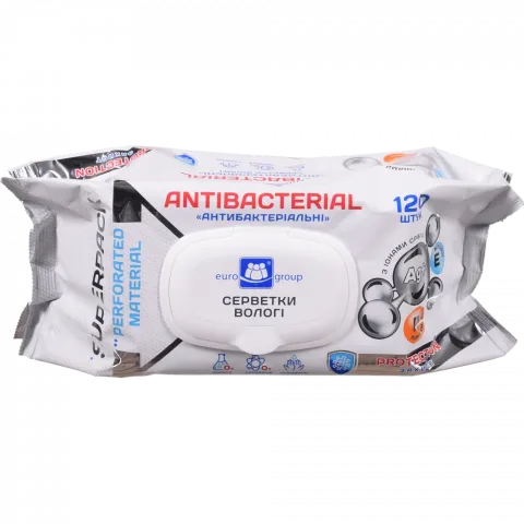 Серветки вологі Єврогруп 120 шт. Antibacterial з D-пантенолом іонами срібла та вітаміном Е