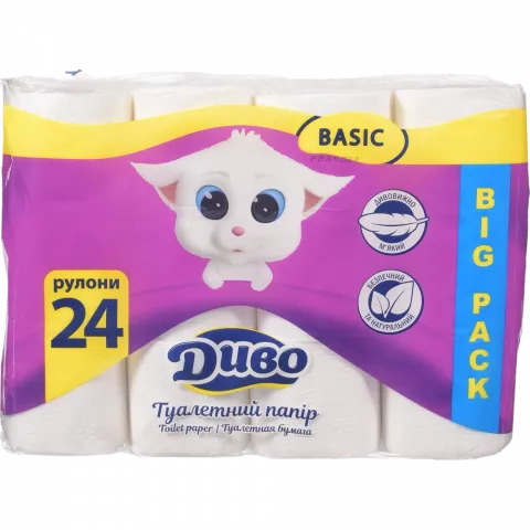 Туал. папір Диво 24 шт. целюлозний на гільзі білий 2 шар.