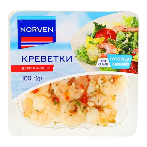 Креветки Norven 100 г в/о зі спеціями вар. чищ.