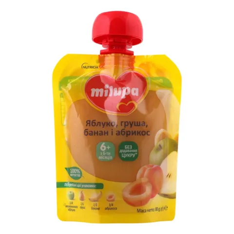 Пюре Milupa 80 г д/пак. Яблуко, груша, банан та абрикос
