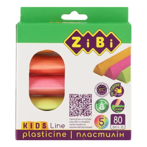 Пластилін ZiBi 5 кольорів неон 80 г