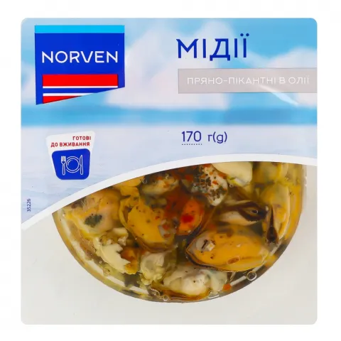 Мідії Norven 170 г пряно-пікантні в олії (термоформа)