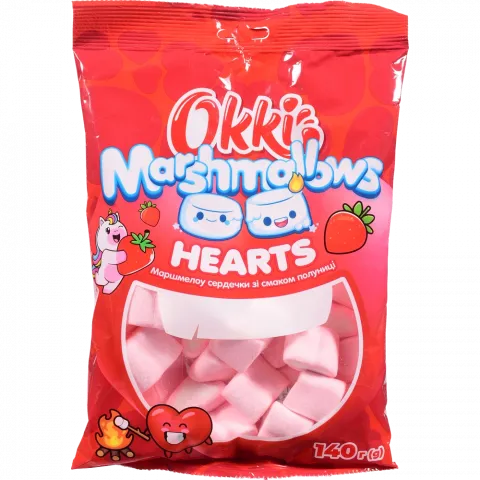 Маршмеллоу Okki 140 г Hearts зі смаком полуниці