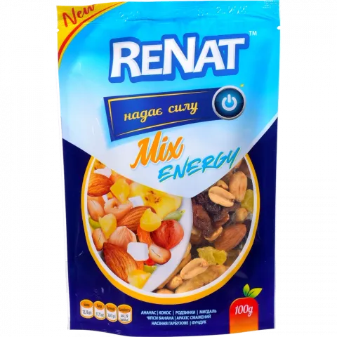 Асорті Renat 100 г Energi mix горіхів, сухофруктів та насіння