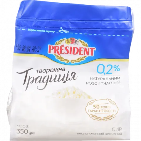 Сир кисломолоч. Президент Творожна традиція 0,2 350 г флоу-пак